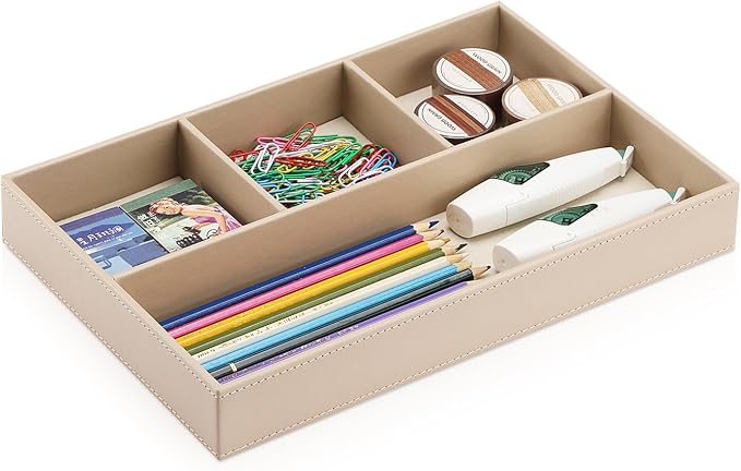 KINGFOM 4-Slot Leather Drawer Tray Desk Stationery Sundries Organizer Storage Box Pen Pencil Holder Case Container (Dark Beige)