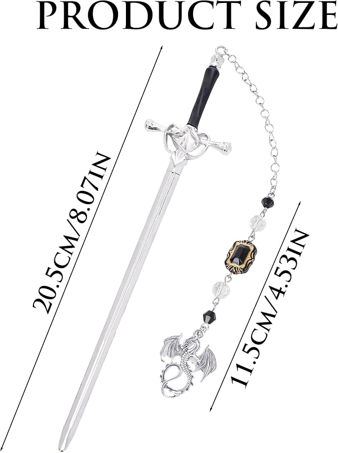 Fantasy Dragon Sword Bookmark - Vintage Metal Book Marks for Men Women Students Teachers Reader Page Mark with Crystal Beads Sliver Dragons Charm Reading Lovers Birthday Gifts Accessories