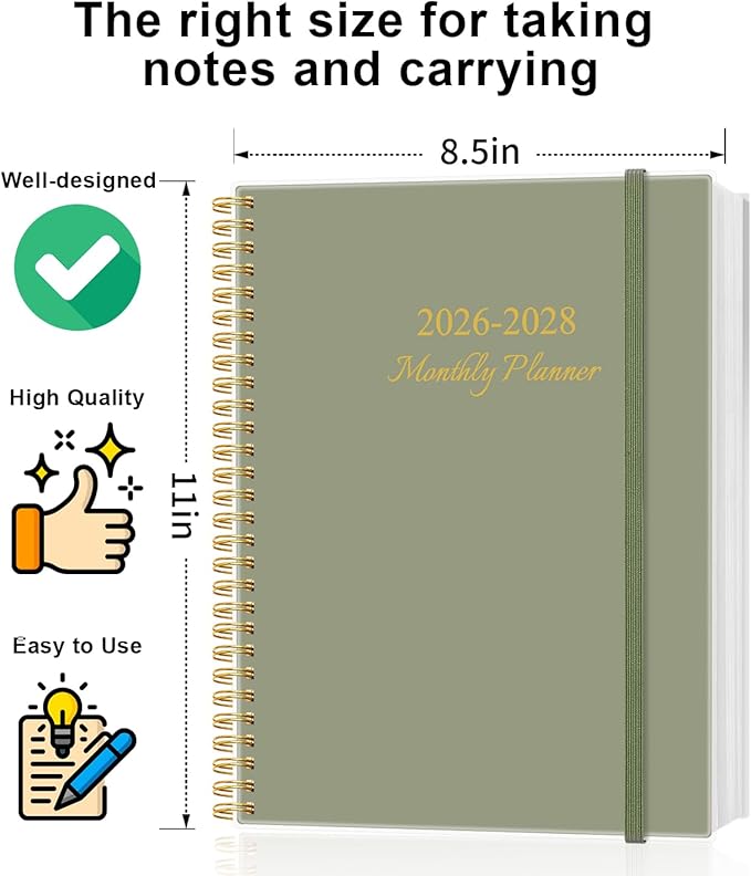 2026-2028 Monthly Planner, 3 Years Calendar from April 2026 - December 2028 with Spiral Binding, Inner Pocket, Elastic Closure, 33 Month Planner for Home | School | Office, 8.5" x 11", Green