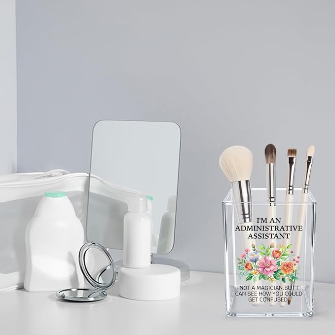 Cute Floral Administrative Assistant Acrylic Cosmetic Pencil Pen Holder Cup Administrative Assistant Day Gifts Decor for Home Office Desk Vanity Organizers and Accessories