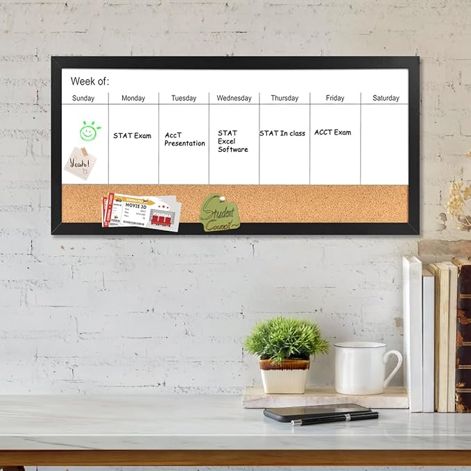 Magnetic Weekly Dry Erase White Board and Cork Board, Black Wood Frame，Magnetic Surface Whiteboard for Home Office and Wall Decor(ZHZL-3060BK)