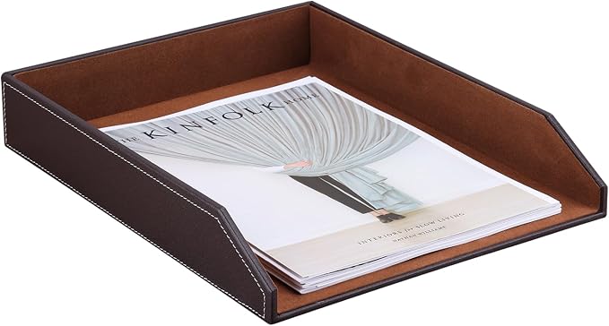 KINGFOM Letter Tray, PU Leather Paper Organizer Tray for Desk, Paper Organizer Storage Holder for Office Home or School A4 Size Brown