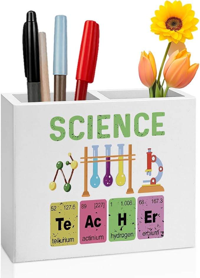 Science Pencil Holder Decor Chemistry Teacher Gifts Chemical Theme Wooden Organizer Vase for Office Home Desk Table Bookshelf Teacher Appreciation Gifts for Office