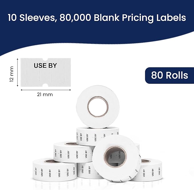 Perco 1 Line USE BY Labels - 80 Rolls, 10 Sleeves, 80,000 Blank Date Gun Labels for Perco 1 Line Date Guns - Made in USA