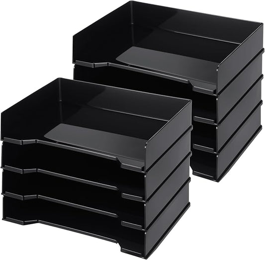 DoubleFill 8 Pcs Stackable Letter Tray Rectangular Plastic Desk Organizer 13 x 9.5 x 2.6 in Paper Holder File Tray Accessories Rack for Desktop Office Desk Drawers (Black)