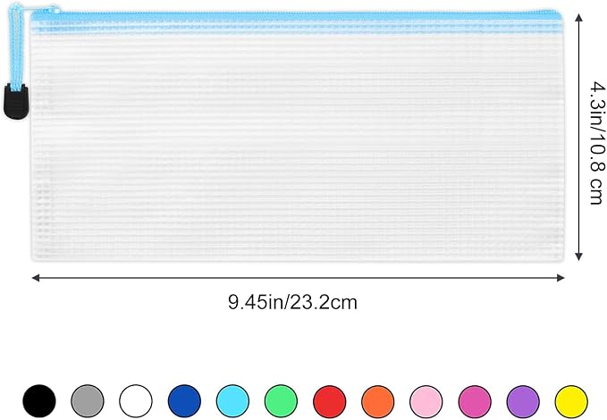 LABUK 42pcs Small Zipper Pouch, 9.5x4.3 Inches Mesh Zipper Pouches, 12 Colors, Waterproof Plastic Zip Bags for Bill Stationary, Office Supplies Storage and Classroom