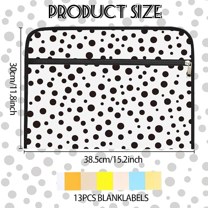 WEBEEDY 13 Pockets Polka Dots Expanding File Folder Black White Accordion File Organizer with Labels and Zipper, Portable Expandable Files Folder Organiser for A4 Paper Document Photo Receipt
