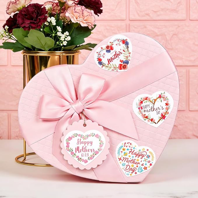 Mothers Day Stickers, 120PCS Happy Mothers Day Stickers, 2" Heart Shaped Mom Sticker Decal, Mom Gifts, 20 Sheet Self-Adhesive Mothers Day Crafted Mother's Day Labels Sticker for Envelope Seal Card Box