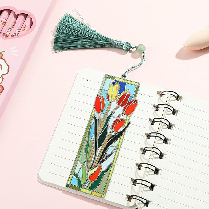 Elegant Tulip Flower Bookmark with Tassel for Women Lady - Metal Brass Book Mark for Book Lover Gifts, Studying Reading Supplies Books Accessories Collection