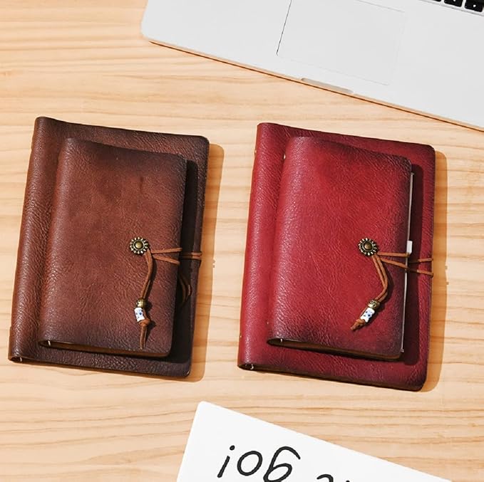 Wonderpool Leather Journal A5 Refillable 6 Ring Binder Notebook with Lined Paper and Pen,Writing Diary for Work Travel and Agenda Plan (A5, Wine red)