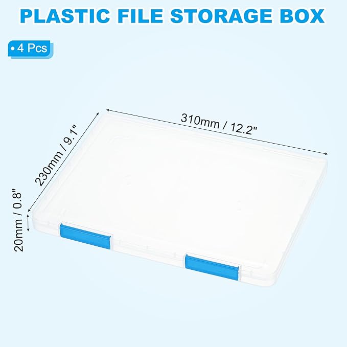 PATIKIL Clear A4 File Portable Project Case with Buckle Plastic Storage Box for 8.5" x 11" Letter Paper Scrapbook Paper Storage Boxes, 4Pcs, 12.2"x9.1"x0.8", Blue