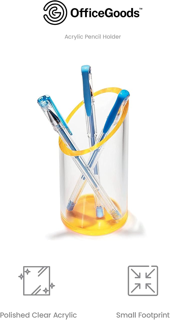 OfficeGoods Acrylic Pen & Pencil Holder - Modern Cylinder Design - Beautiful Desk Organizer for Home or Office - Contrasting Base & Rim - 5.25” H x 2.5” W - Neon Tangerine