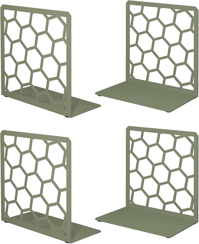 Sage Geometric Honeycomb Metal Bookends - Book Ends for Shelves - Decorative Modern Heavy Duty Bookend Stopper - Book Ends for Heavy Books - Home Office Book Holder - 2 Pair, 6x3.25x6.25 in