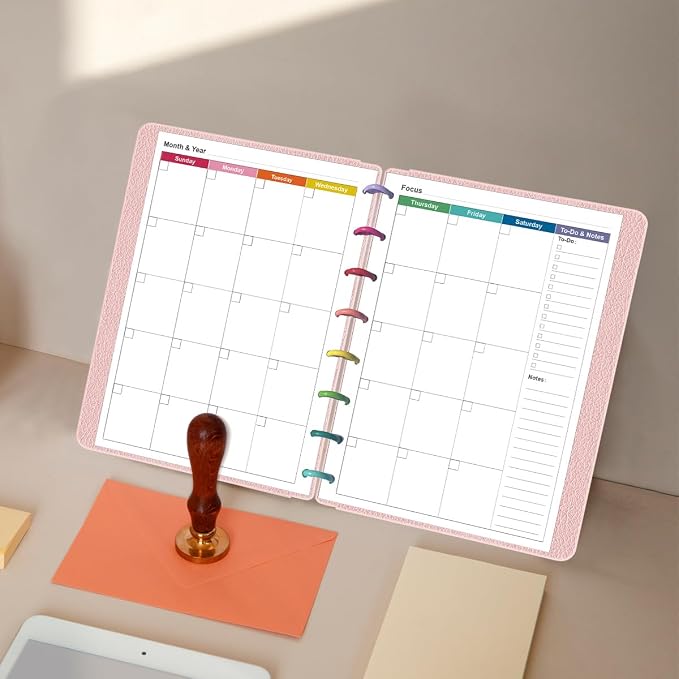 Junior Size Monthly Planner Refills - 53 Sheets/106 Pages Undated Colorful Monthly Planner, 8-Disc Discbound, 100 gsm White Paper, Lasts 2 Year, Undated, 5.8" x 8.3"