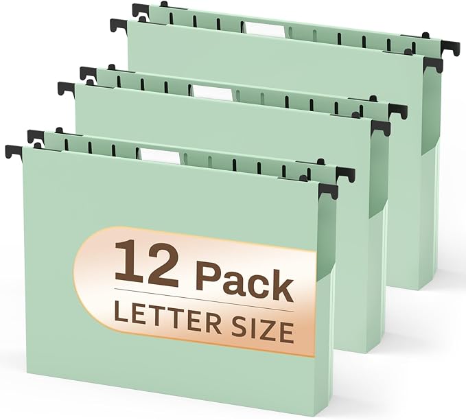 12 Pack Hanging File Folders, Filing Folders Hanging Reinforced, Plastic Hanging Folder 2 Inch Expansion, Accordion File Folders Hanging Folders Box Filing Folders with 1/5 Tabs - Letter Size