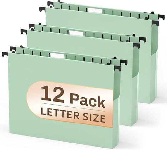 12 Pack Hanging File Folders, Filing Folders Hanging Reinforced, Plastic Hanging Folder 2 Inch Expansion, Accordion File Folders Hanging Folders Box Filing Folders with 1/5 Tabs - Letter Size