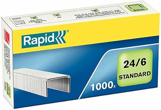 Rapid 24/6mm Standard Staples, for Stapling up to 20 Sheets, Use with Desktop and Electric Staplers, Galvanised Wire, Box of 1000, 24855600