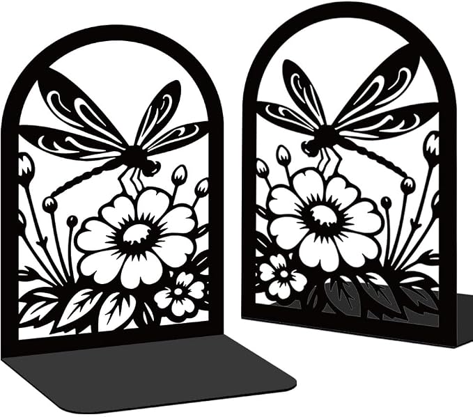 1 Pair Metal Bookends for Shelves, Dragonfly Book Ends Decorative for Heavy Books, Decorative Books Used on Desk, Shelf, Farmhouse for Small, Bookshelf Decor for Shelves Home and Office