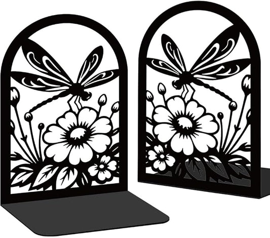 1 Pair Metal Bookends for Shelves, Dragonfly Book Ends Decorative for Heavy Books, Decorative Books Used on Desk, Shelf, Farmhouse for Small, Bookshelf Decor for Shelves Home and Office