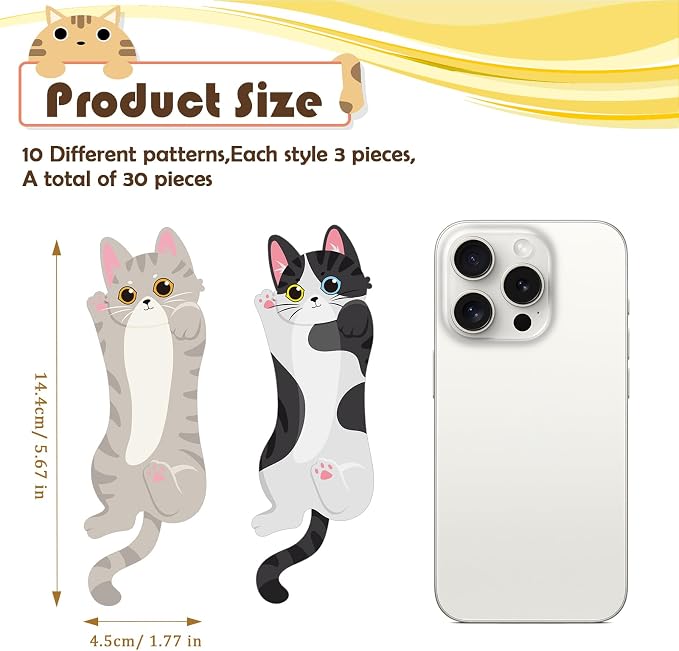 JSRQT 30Pcs Cat Paper Bookmarks, Adorable Kitty Design Page Markers Book Page Clips for Book Lovers, Reading Accessories Gift for for Students Teachers,10 Styles