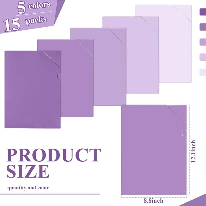 Kisston 15 Pack Purple Clear Plastic Folders Sleeves Project Pockets for Letter Size 12.1x8.8, L-Shaped Transparent File Jacket for School Office Desk Supplies