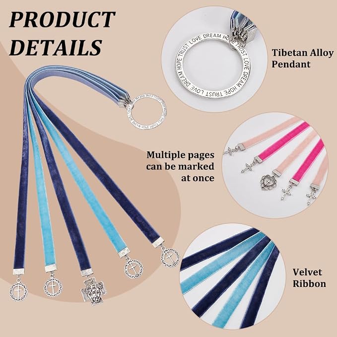FINGERINSPIRE 2 Pcs Bible Ribbon Bookmark 2 Styles 14.2 Inch Velvet Ribbons Bookmark with 5 Ribbons Multi Page Ribbon Marker with Cross Charm for Bible Books(Cross Heart Blue & Pink)