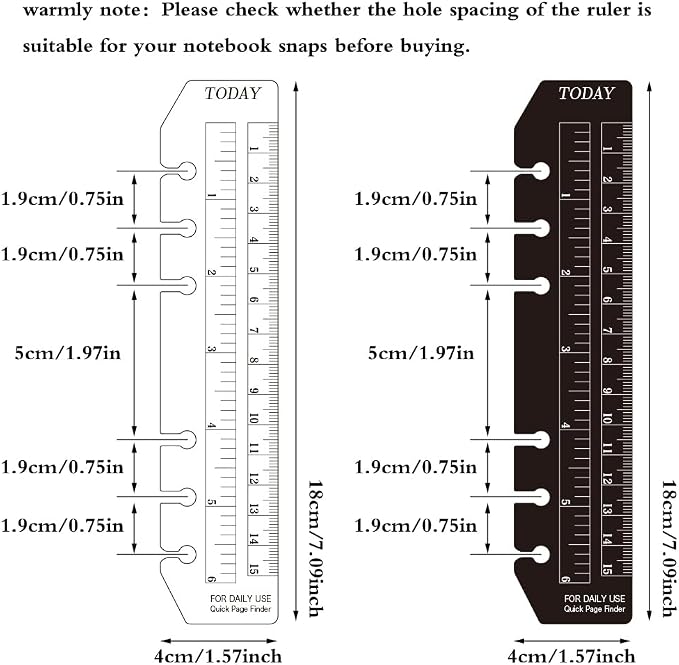JKJF 4 Pcs Plastic Page Marker Snap-in Bookmark Ruler Binder Ruler for A6 Size 6-Hole Notebook Filler - Clear and Black