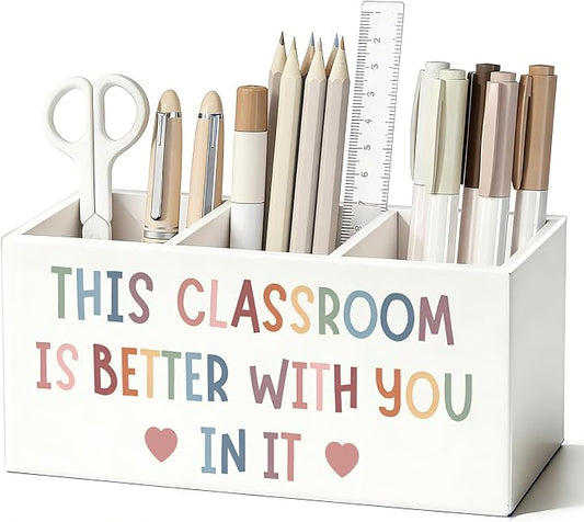 Boho Classroom Pen Pencil Holder for Desk, This Classroom Is Better with You in It Motivational Wooden Box Sign Decorations for Kids Room Bedroom Playroom Desk Tabletop