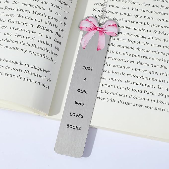 Pink Bowknot Stainless Steel Bookmark - Printed with Cute Bowknot Patterns & Equipped with Heart Pendants, Ideal for Female Readers, Perfect Birthday Gift for Girlfriends (Style B)