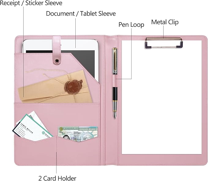Padfolio Portfolio Binder, Leather Clipboard Folder Briefcase Loose-Leaf Binder with Cover Brown Folder with Pockets Resume Folder for Business Office Meeting Men Women's Business (A4, Pink)