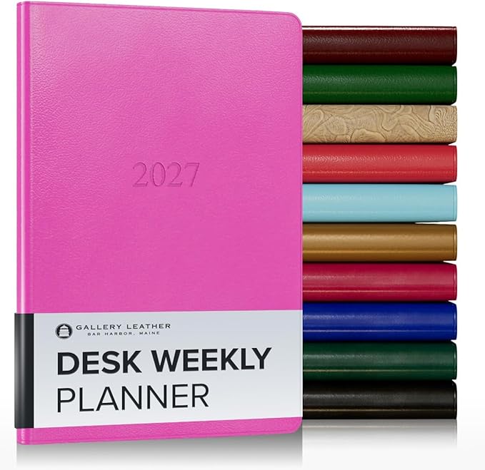 Gallery Leather Desk Weekly Monthly Planner 2027, Elegantly Bound Calendar Planner and Notebook with Stylish Gold-Gilded Page Edges, 12 Months - Caribbean Fuchsia - 8x5.5"
