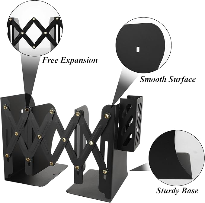 SHUESS 2 Pack Adjustable Bookends Expandable Metal Bookends for Heavy Books, 2 Dividers, Heavy Duty Book Ends to Hold Books with Pen Holder for Office, School, Bookstore, Home