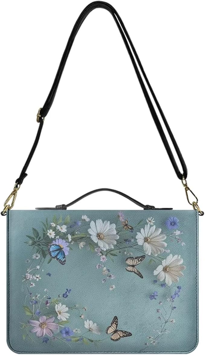2XL Bible Bags for Women, Blue Bible Purse with Strap and Handle, Butterflies and Daisies Print PU Leather Book Holder with Inner Pockets and Pen Loop, Biblia Accessories Women