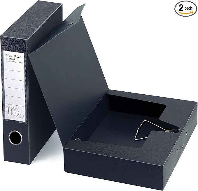HUA JIE 2 Pack A4 Storage File Boxes Archives Case,65mm Spine,Box File Document Storage Box with Metal Clip for Office School -Black