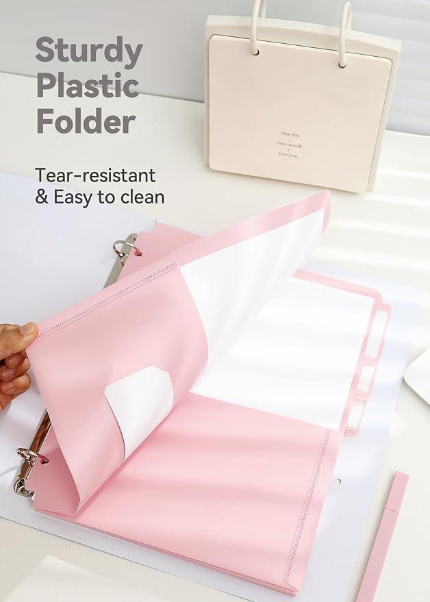 SortRax Plastic Folders with Pockets 3 Hole Punched, 6 Pack Pink Pocket Folders for 3 Ring Binder, Unique 1/3 Cut Tabs with Colorful Labels, School Folders, Letter Size