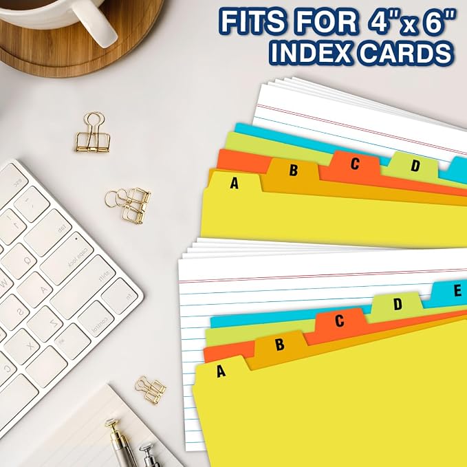 Chell 4x6 Plastic Index Card Dividers, Heavyweight Poly Index Card Guides A-Z for Flash Cards and Recipe Cards, with Alphabetical/Blank Stickers, Pack of 50