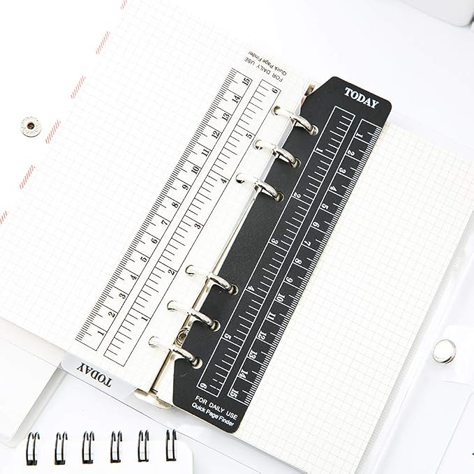 JKJF 4 Pcs Plastic Page Marker Snap-in Bookmark Ruler Binder Ruler for A5 A6 Size 6-Hole Notebook Filler - Clear and Black
