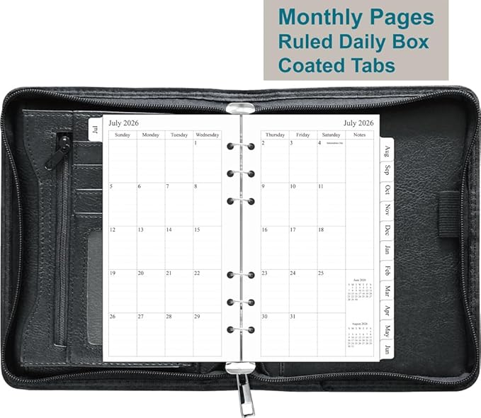 Fan&Ran 2026-2027 Zipped Planner Organizer, Weekly and Monthly Refills with Simulated Leather Cover, Personal Size, Black