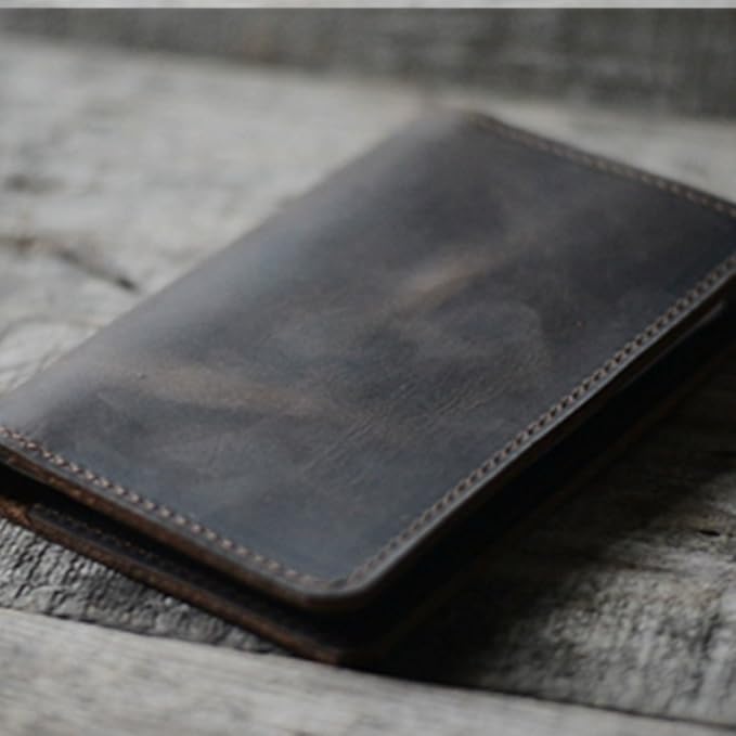 JJNUSA Distressed Leather Checkbook Journal Cover for Field Notes Moleskine Cahier Notebook Pocket size 3.5" X 5.5" Vintage Refillable Notepad (Dark Brown)