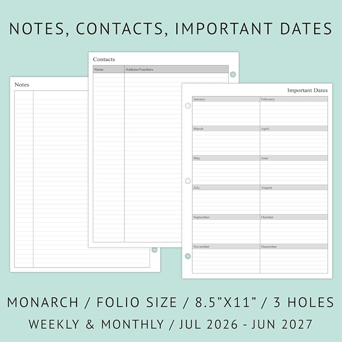 newestor 2026-2027 Weekly Planner Refills for 3-Ring Binder with Monthly Tabs, Jul 2026 - Jun 2027, 8-1/2" x 11", Folio Size 5 / Monarch