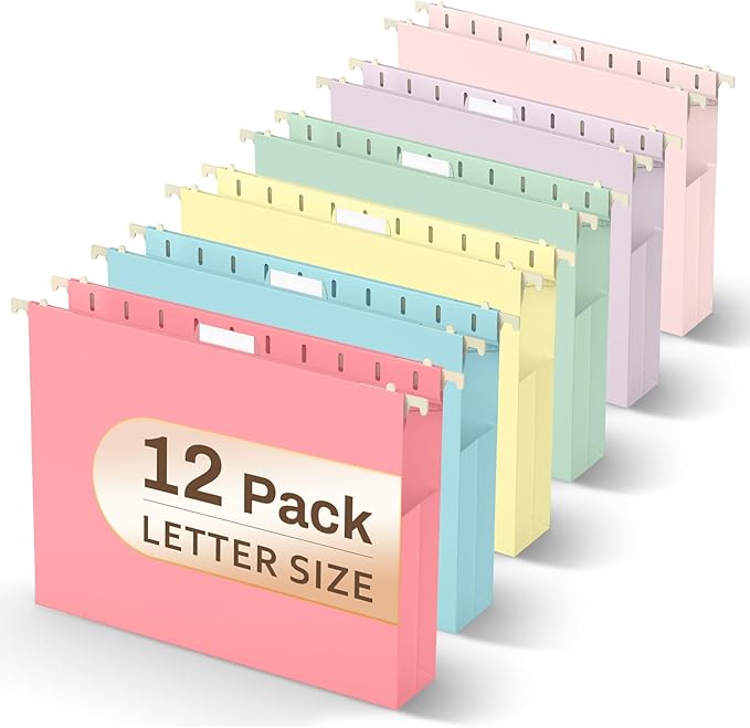 Hanging File Folders Letter Size, 2" Pastel Hanging Folders for Filing Cabinet, Expanding File Hanging Folders, Heavy Duty Plastic Hang File with 1/5-Cut Tabs for Bulk File, 12 Pack, Pastel