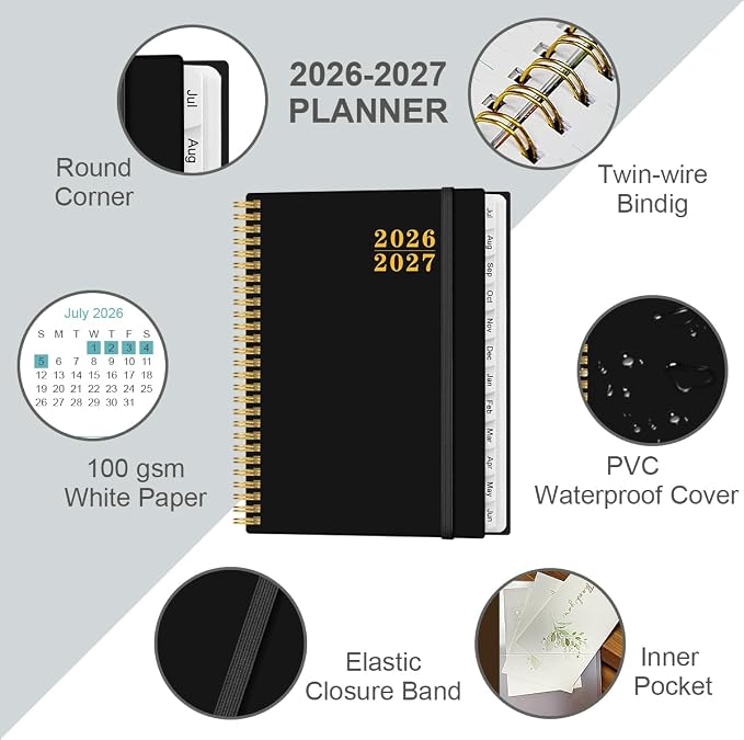 Planner 2026-2027 For Women & Men - Monthly and Weekly Calendar Planner from July 2026 - June 2027, Student Planning with 12 Tabs for Office School Supplies, Inner Pocket, 8.5" x 11", Black