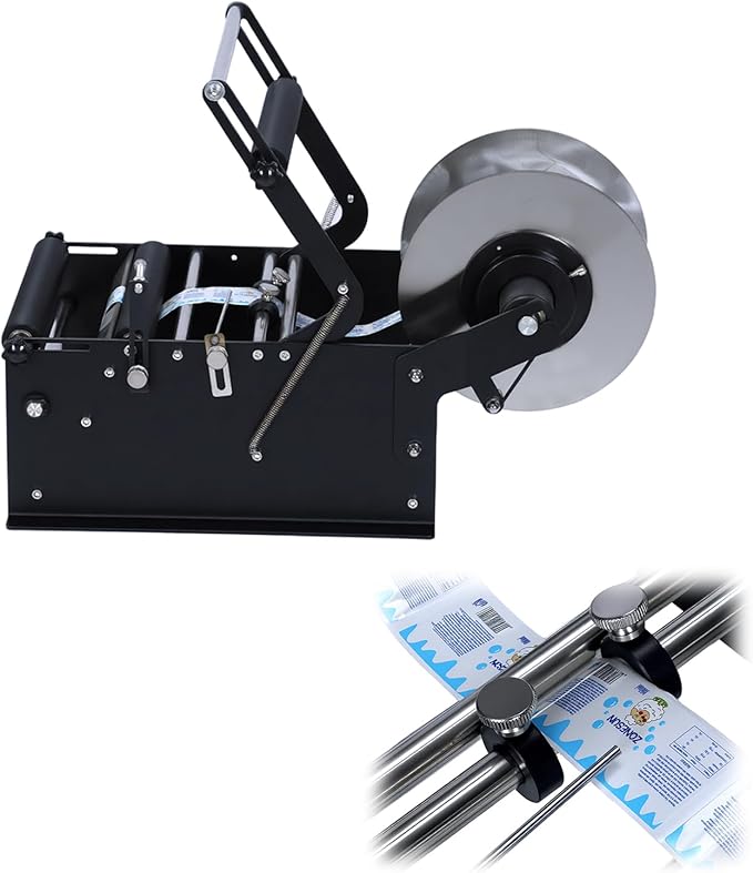 Manual Bottle Labeling Machine with Handle - Self-Adhesive Sticker Label Applicator 15-30 Bottles/Min, Adjustable for PET Plastic Glass Metal Bottles, for Wine, Beverage, Cosmetic Packaging
