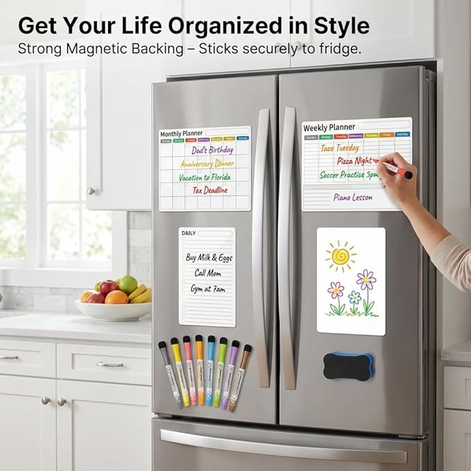 Magnetic Calendar for Refrigerator (4-Pack, Ships Flat) - 17"x12" Monthly, Weekly, XL Daily & Blank Dry Erase Board - Nano-Tech Fridge Whiteboard Planner with Lined Grids, 8 Markers, Eraser