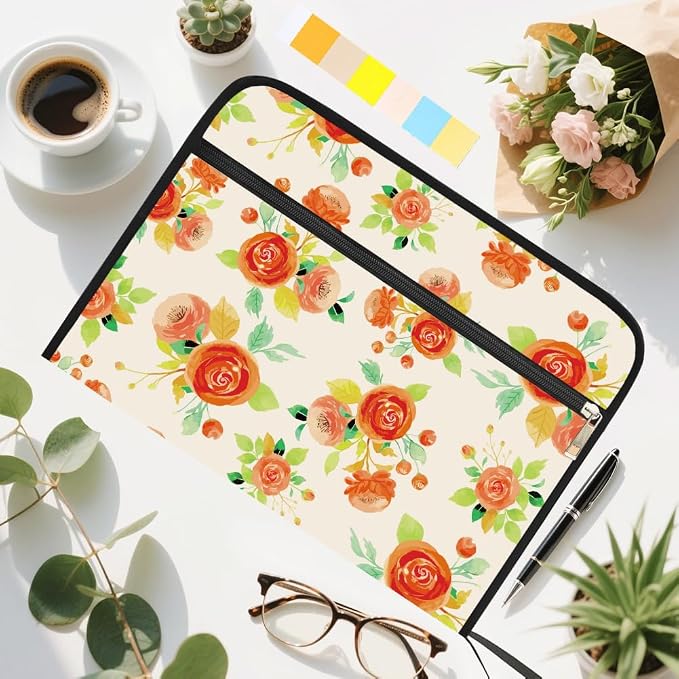 WEBEEDY 13 Pockets Watercolor Flower Expanding File Folder Floral Accordion Folder File Organizer with Labels and Zipper, Portable Expandable Paperwork Organiser for A4 Paper Document Photo Receipt