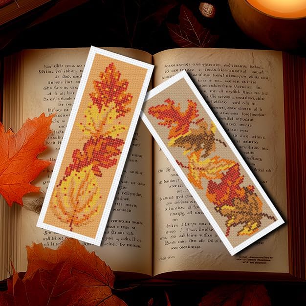 INFUNLY 6PCS Falling Leaf Cross Stitch Bookmark Kit for Adults Autumn Cross Stitch Kits DIY Crossstitch Kits Maple Leaves Stamped Embroidery Bookmark Kit with Instructions for Book Lovers Readers