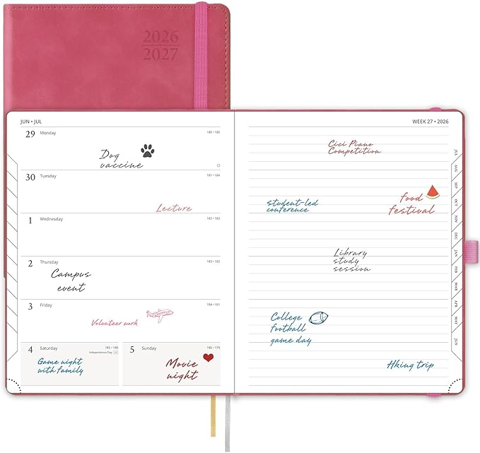POPRUN Weekly Planner 2026-2027 (Large 8.5''x 10.5'') Academic Calendar (JUL.26 - JUN.27) Appointment Book with Monthly Tabs, Leather Soft Cover, Inner Pocket, 100 GSM - Magenta