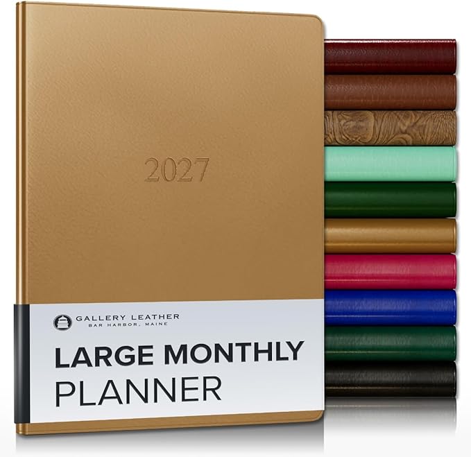 Gallery Leather Large Monthly Planner 2027, Elegantly Bound Calendar Planner and Notebook with Stylish Gold-Gilded Page Edges, 18 Months - Freeport Metallic Gold - 9.75x7.5"