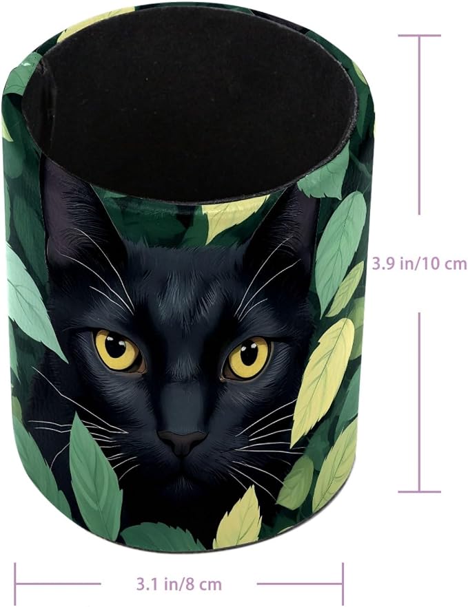 Leather Pen Holder for Desk, Green Leaves Black Cat Makeup Brushes Holder Pencil Cup Multifunctional Desktop Organizer Caddy for Home School Office Desk Accessories