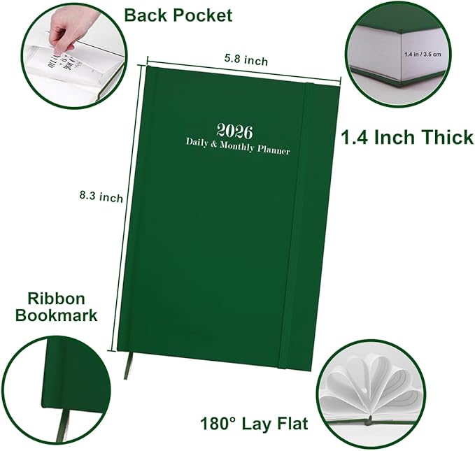2026 Daily & Monthly Planner - 2026 Daily Planner One Page Per Day from January 2026 to December 2026, 5.8" x 8.3" Hourly Appointment Book Perfect Organizer Daily Life, Fabric Cover, Green